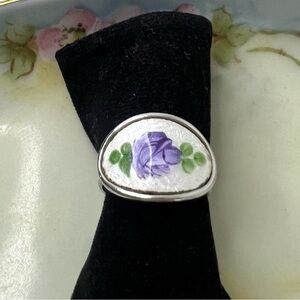 SARAH COVENTRY SILVER ENAMEL RING VINTAGE ADJUSTABLE FLOWER